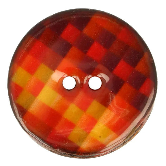 Image de boutons en noix de coco 20 mm - petits carrés orange et jaunes – disponible chez Šarlotes audumi