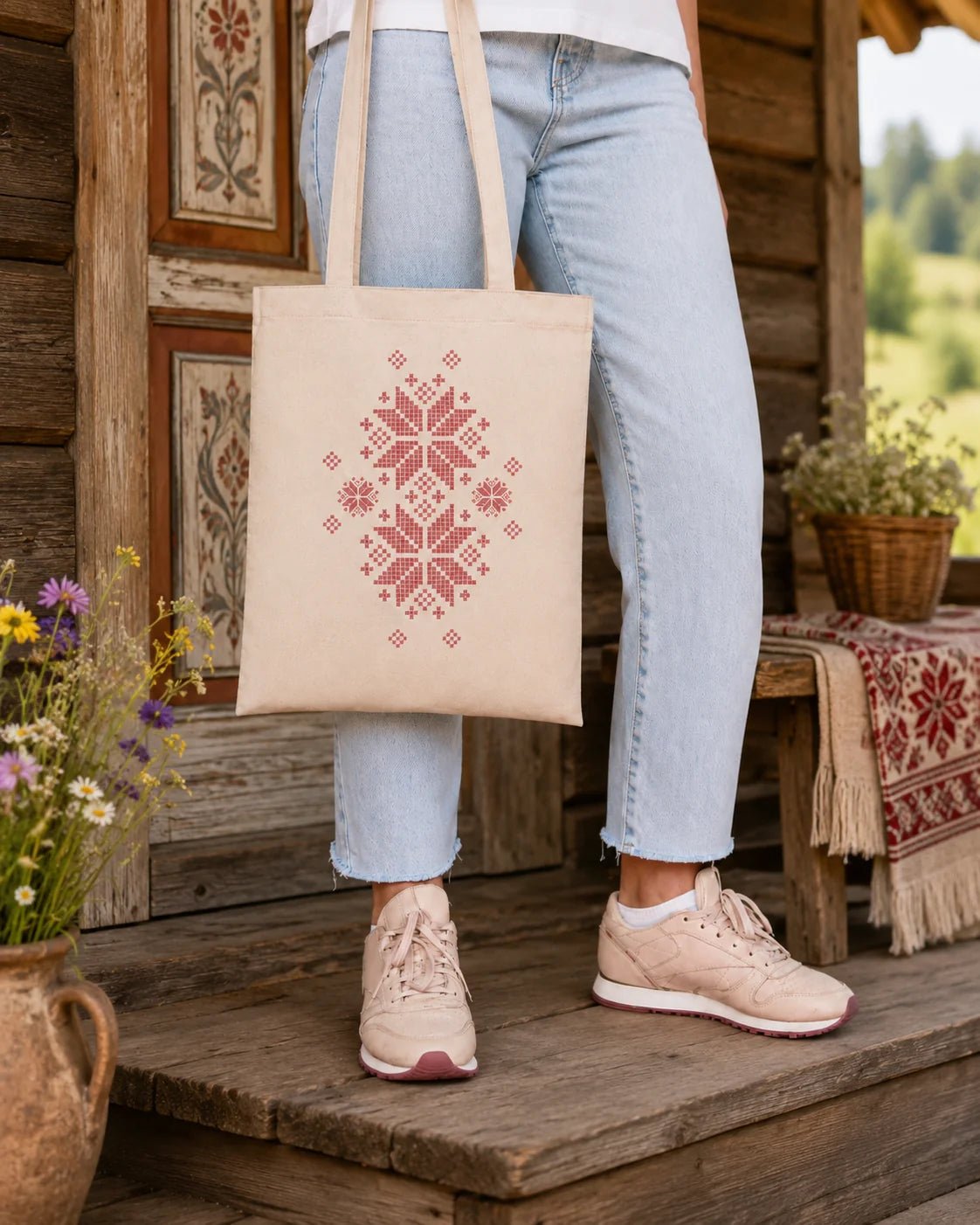 Image du sac en tissu de coton « Bordo auseklis » – disponible en ligne chez Šarlotes audumi