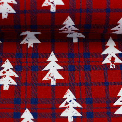 Cotton loop-knit fabric with insulation - fir trees and checks 280 g/m²