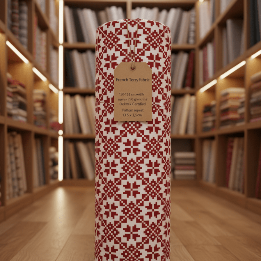 Image with cotton loopback knit - star pattern on a crimson background 250 g/m² – available at Šarlotes audumi