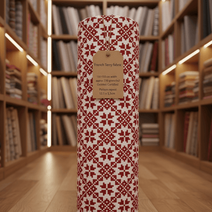 Image with cotton loopback knit - star pattern on a crimson background 250 g/m² – available at Šarlotes audumi