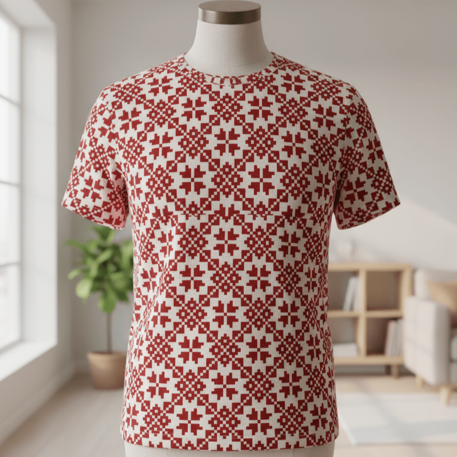 Image of cotton loopback knit fabric - star pattern on a crimson background 250 g/m² – available at Šarlotes audumi