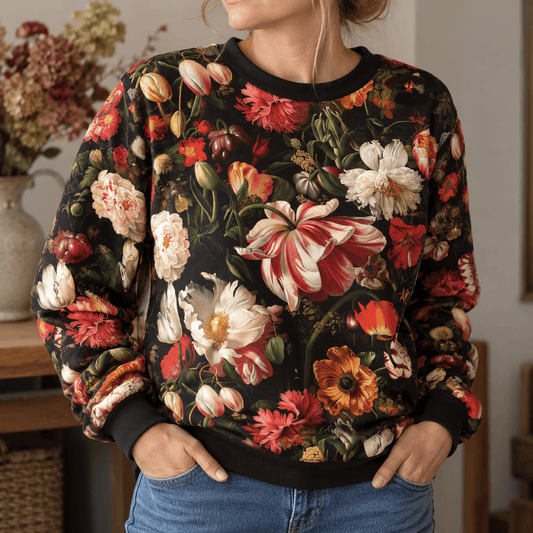 Cotton loopback jersey with baroque flowers – available online at Charlotte Fabrics