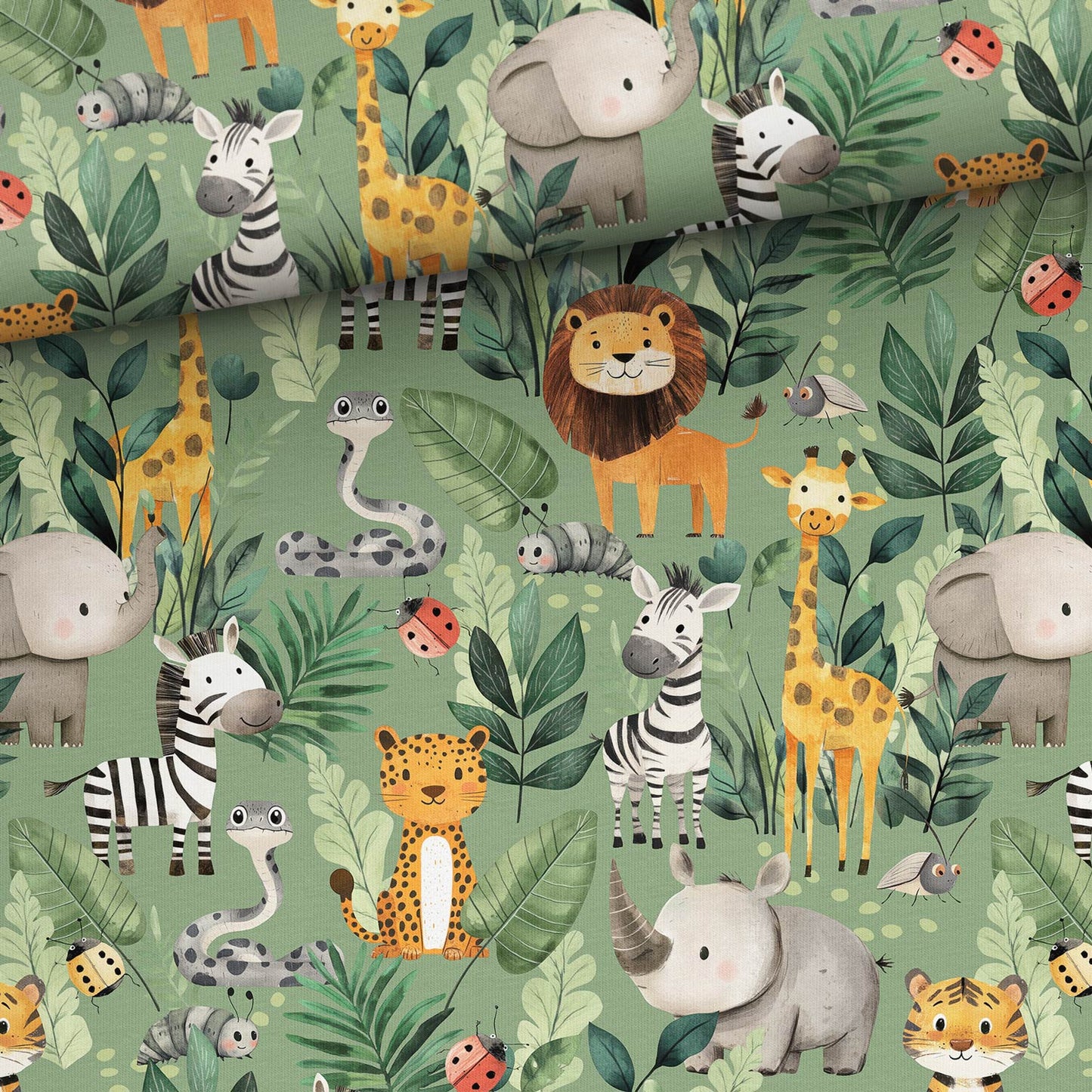 Image avec tricot à boucle en coton - amis de la jungle joyeuse 250 g/m² – disponible chez Šarlotes audumi