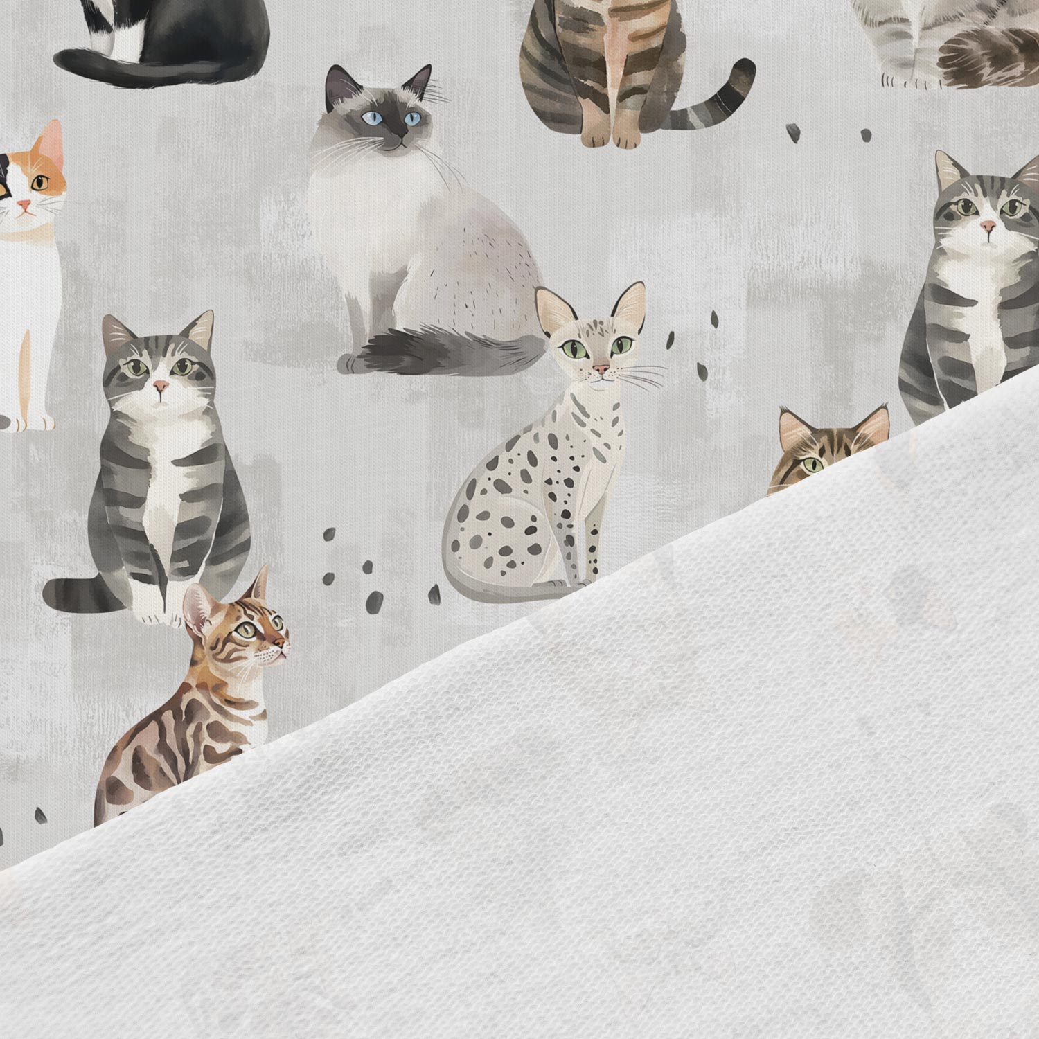Image d’un chat en jersey bouclette en coton sur fond gris – disponible en ligne chez Šarlotes audumi