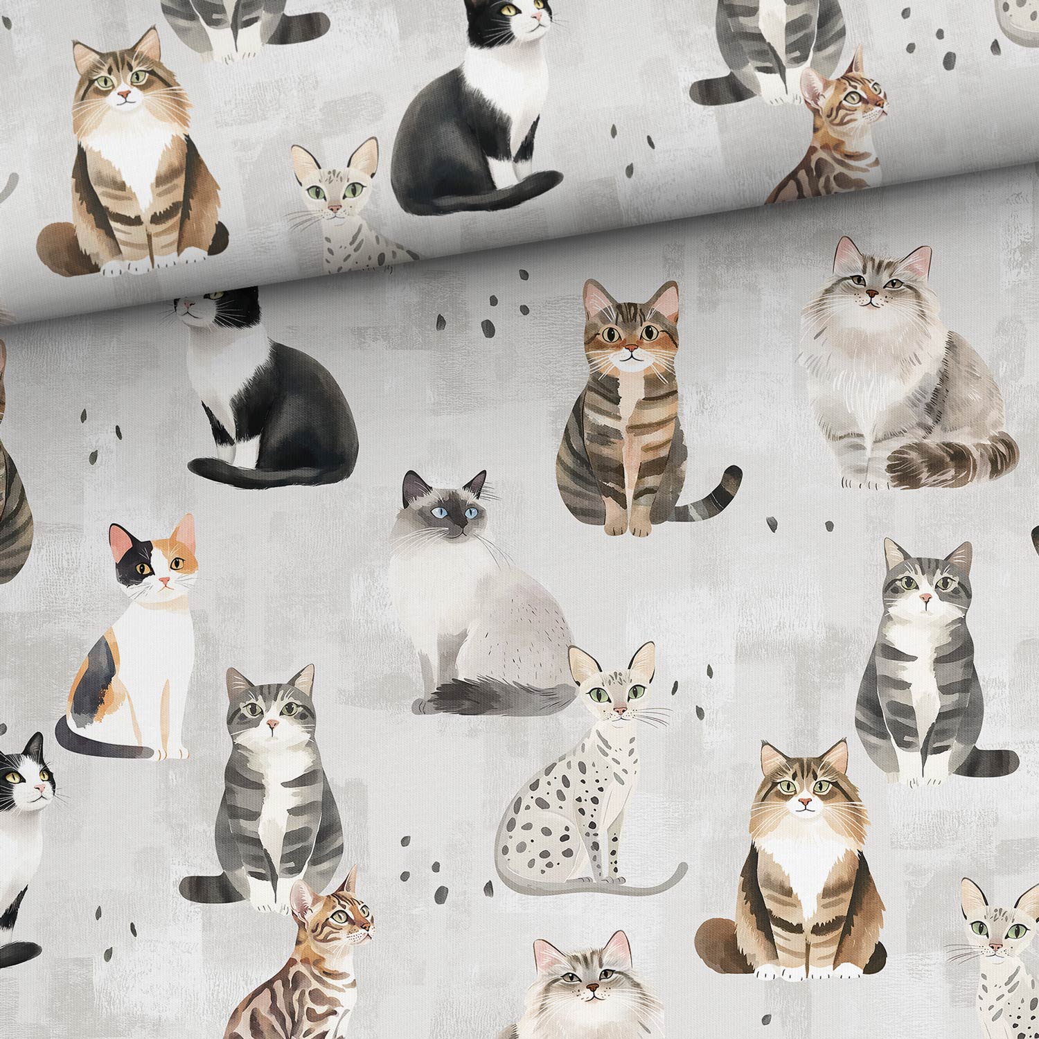 Image avec un chat en jersey bouclette de coton sur fond gris – disponible en ligne chez Šarlotes audumi
