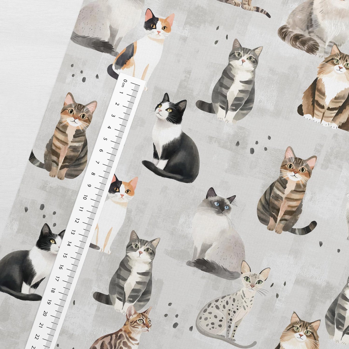 Image d’un chat en jersey bouclette en coton sur fond gris – disponible en ligne chez Tissus Charlotte