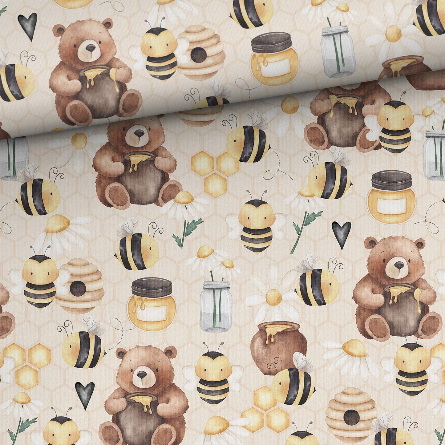 Motif en maille bouclette en coton avec oursons et abeilles – disponible en ligne chez Šarlotes audumi
