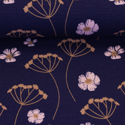 Cotton loopback knit - yarrow and pink flower 265 g/m²