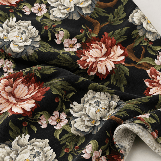 Image of cotton loopback knit peonies on black – available online at Charlotte Fabrics