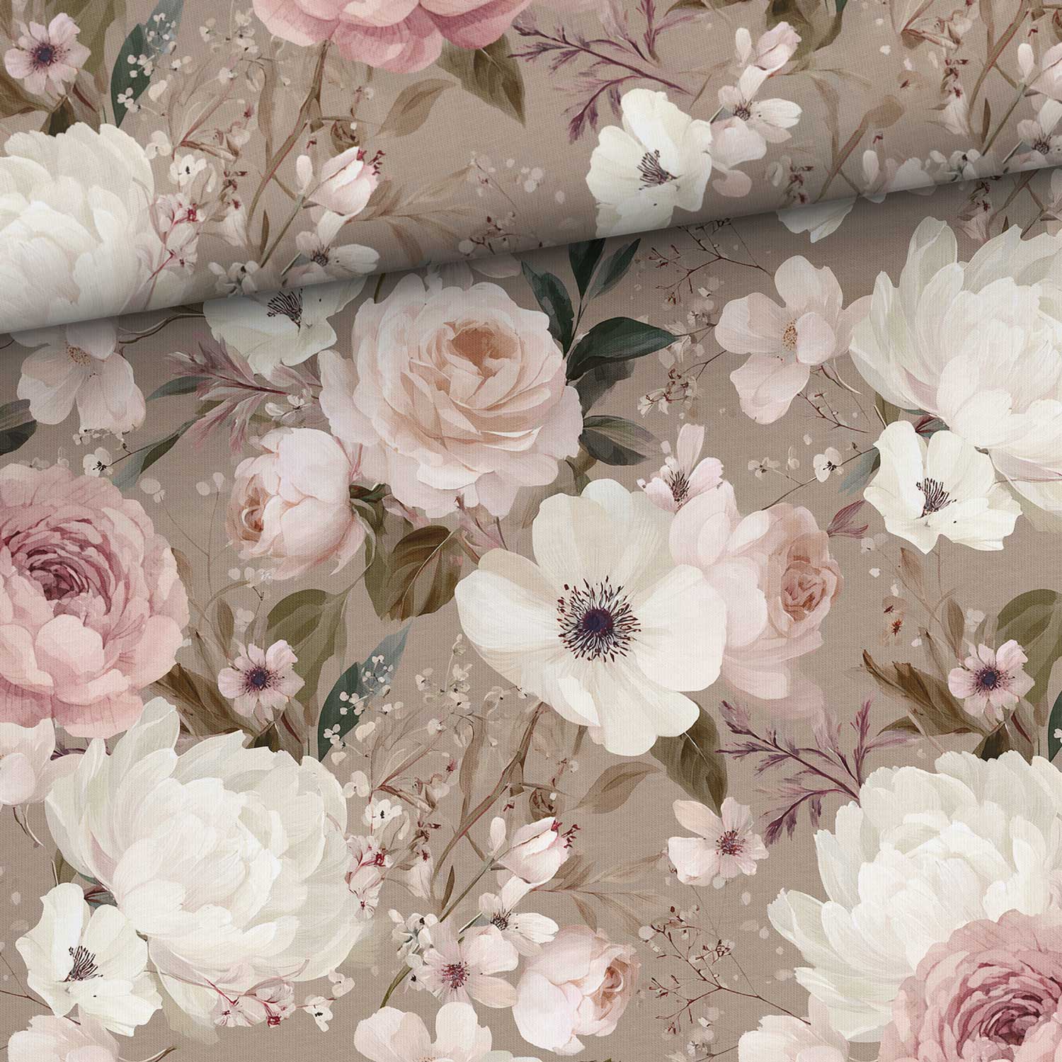 Image de tissu jersey bouclette en coton, fleurs romantiques sur fond marron – disponible en ligne chez Šarlotes audumi