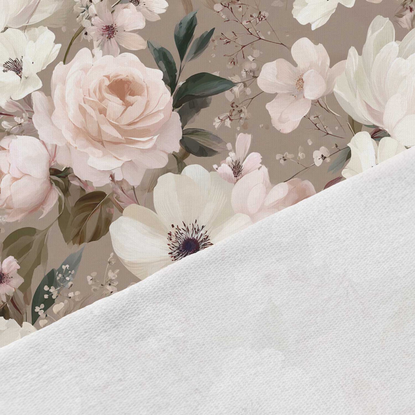 Image de tissu en coton en maille bouclette, fleurs romantiques sur fond brun – disponible en ligne chez Šarlotes audumi
