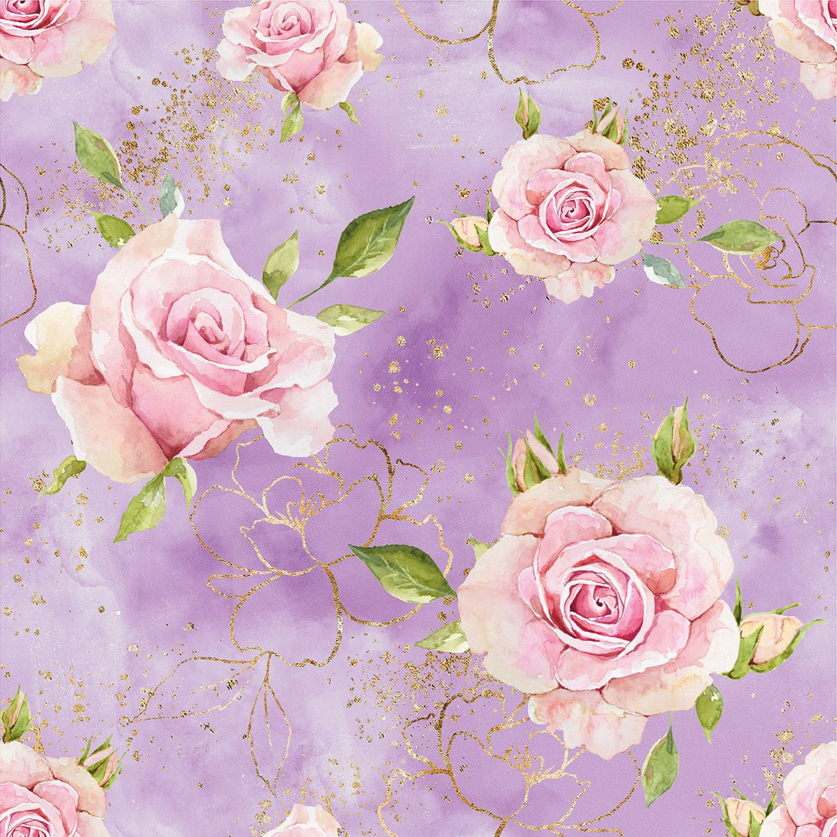 Image of cotton loop-knit roses on lilac – available online at Šarlotes audumi