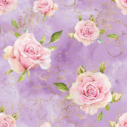 Image of cotton loop-knit roses on lilac – available online at Šarlotes audumi