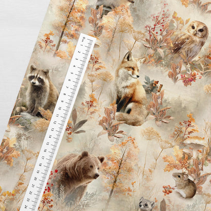 Image de maille bouclette en coton – magie de la forêt d’automne, disponible en ligne chez Šarlotes audumi