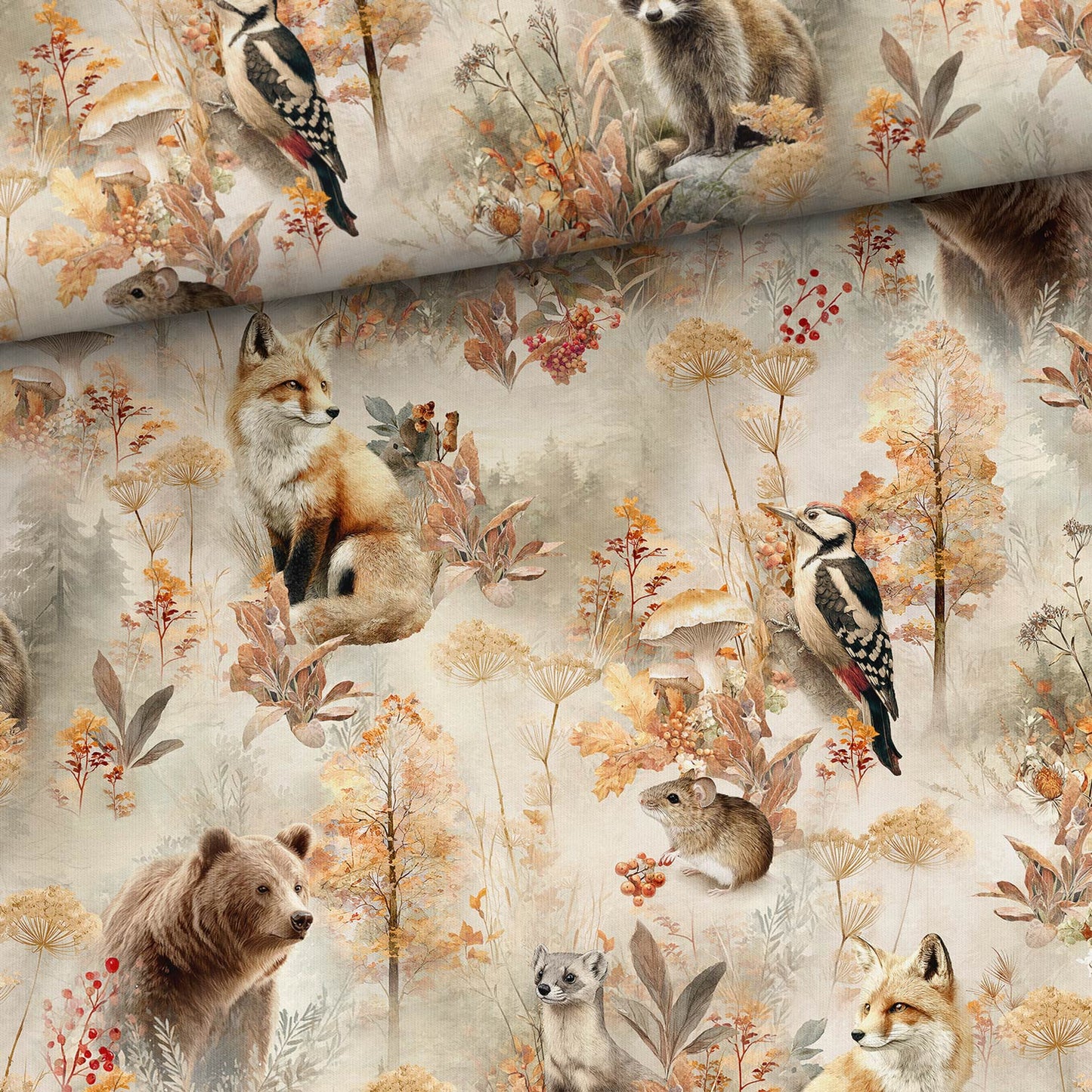 Image de jersey bouclé en coton, magie de la forêt d’automne – disponible en ligne chez Šarlotes audumi