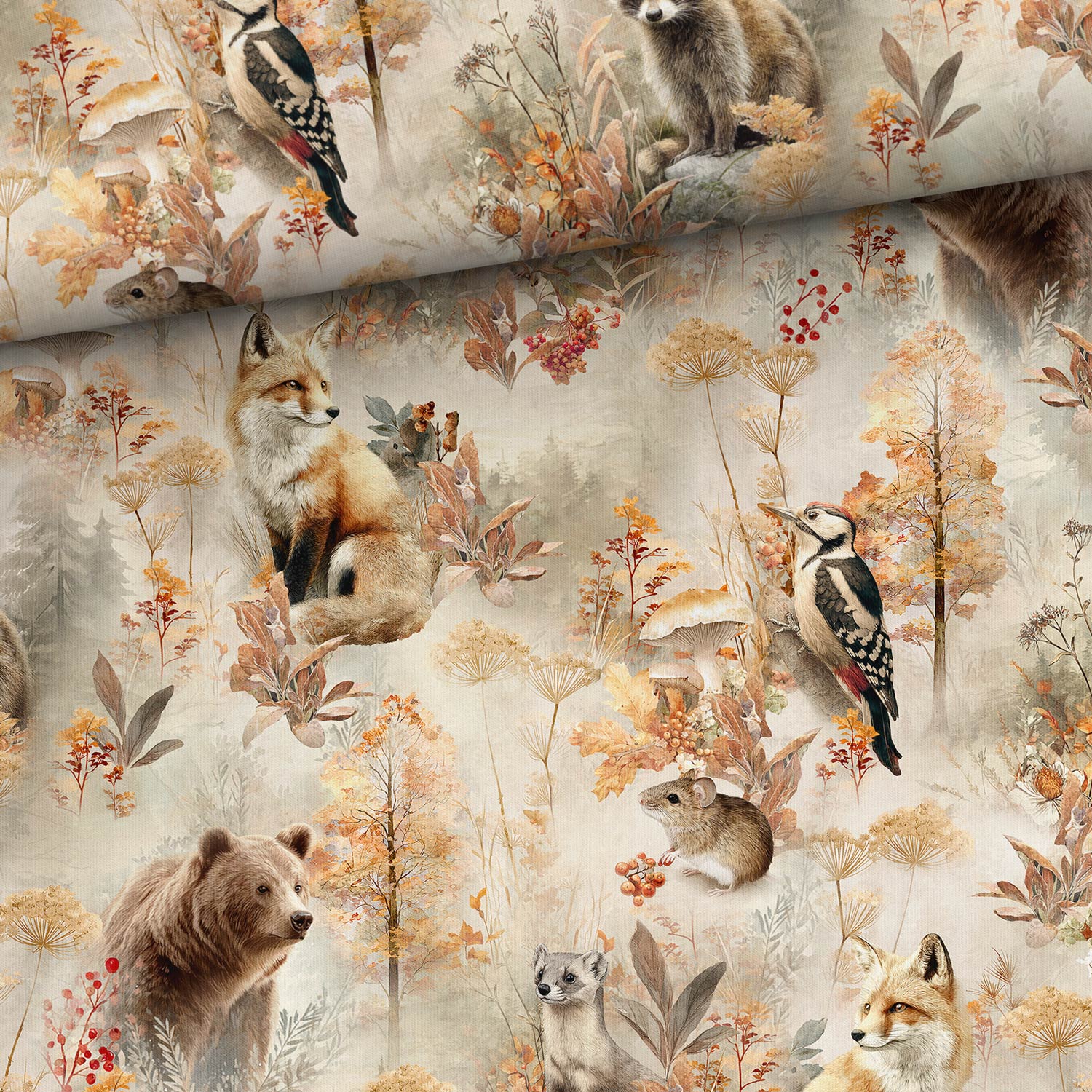 Image de jersey bouclé en coton, magie de la forêt d’automne – disponible en ligne chez Šarlotes audumi
