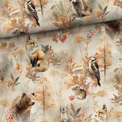 Image de jersey bouclé en coton, magie de la forêt d’automne – disponible en ligne chez Šarlotes audumi