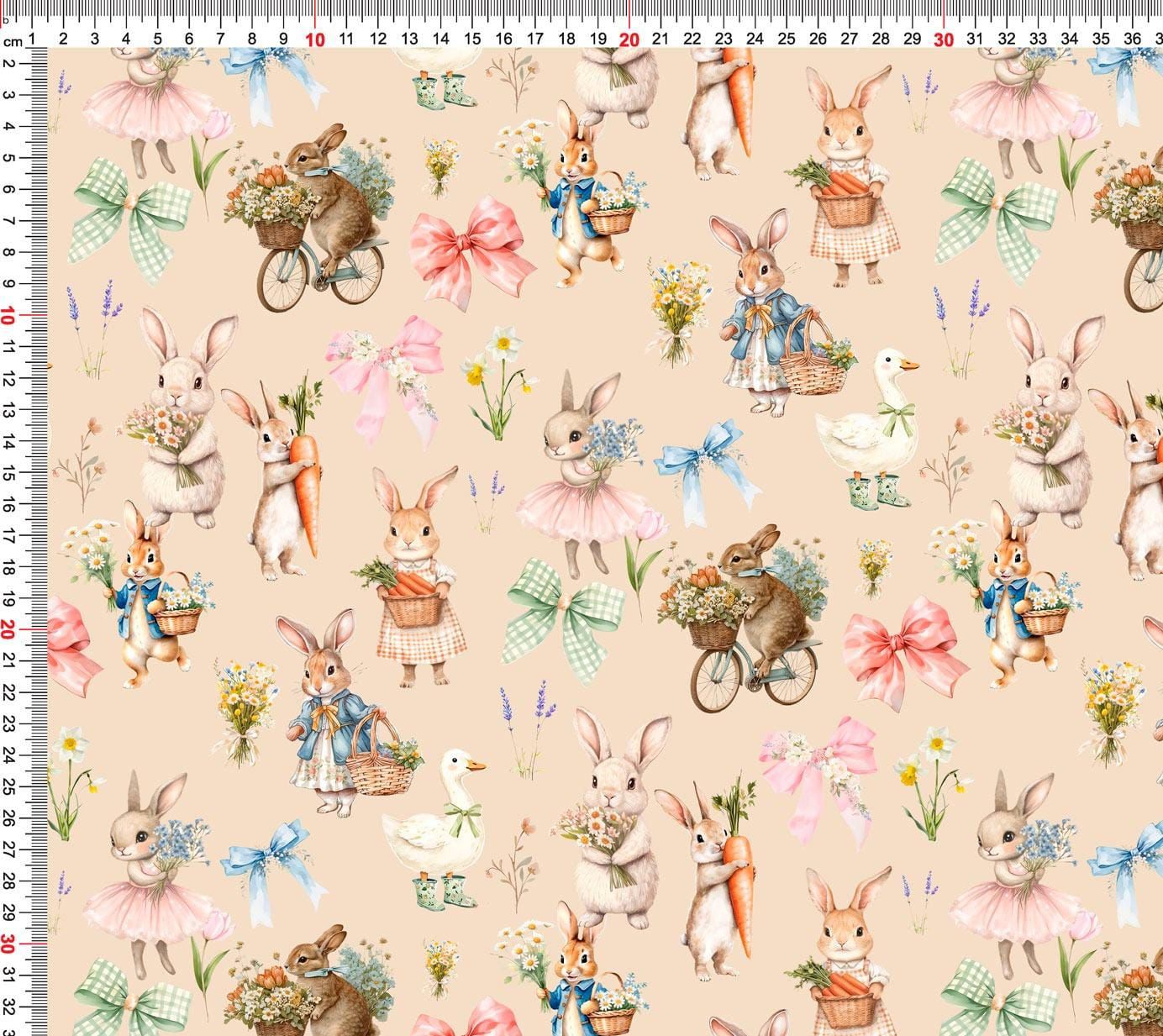 Image with cotton loopback knit - bunnies on a beige background 250 g/m² – available at Šarlotes audumi