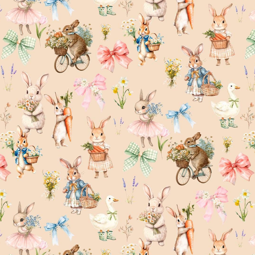 Image of cotton loopback knit - bunnies on a beige background 250 g/m² – available at Šarlotes audumi