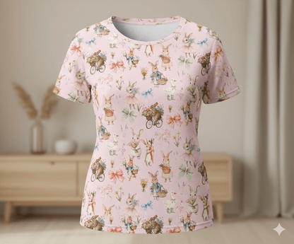 Image of cotton loopback knit fabric with bunnies on a pink background 250 g/m² – available at Charlotte’s Fabrics