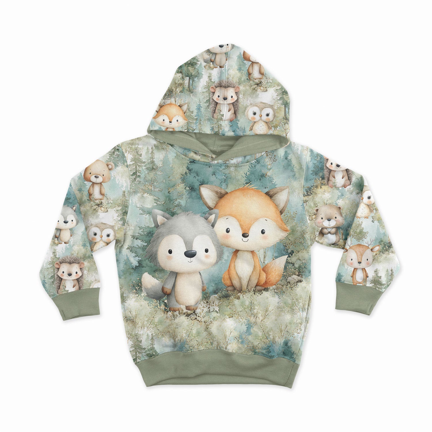 Image of cotton loopback knit - Green Forest Friends 250 g/m² | Design - 17 – available at Šarlotes audumi