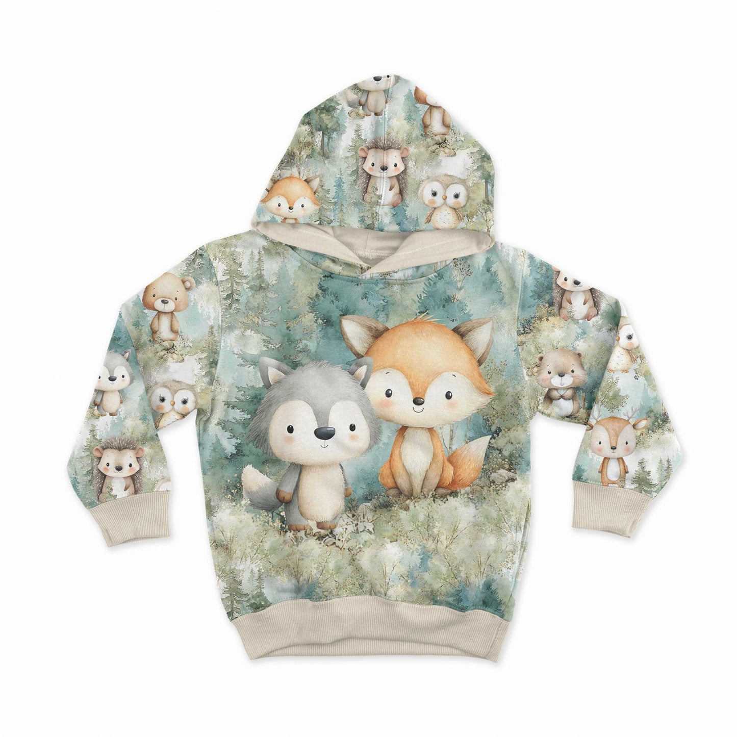 Image with cotton loopback jersey - Green Forest Friends 250 g/m² | Design - 17 – available at Šarlotes audumi