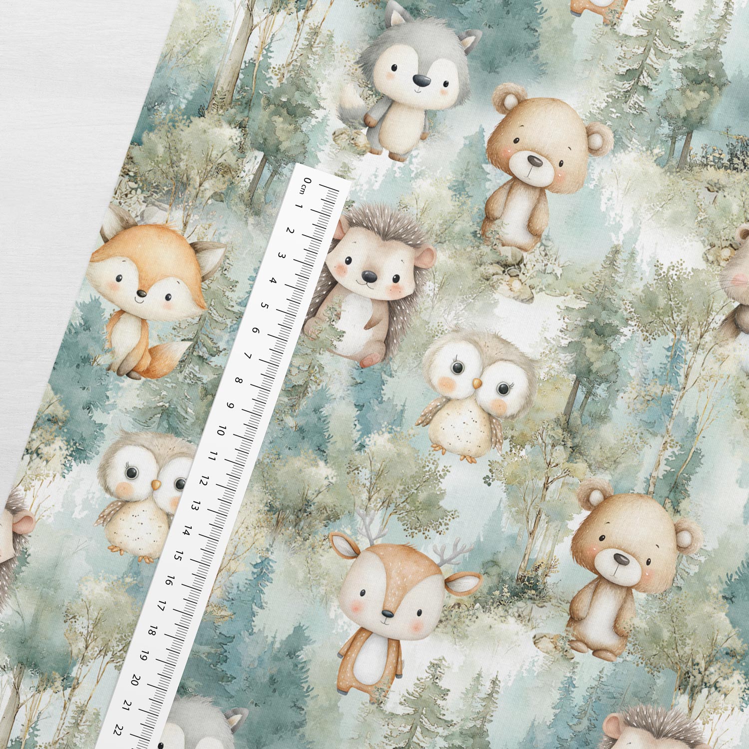 Image of cotton loopback jersey - green forest friends 250 g/m² | Design - 17 – available at Šarlotes audumi