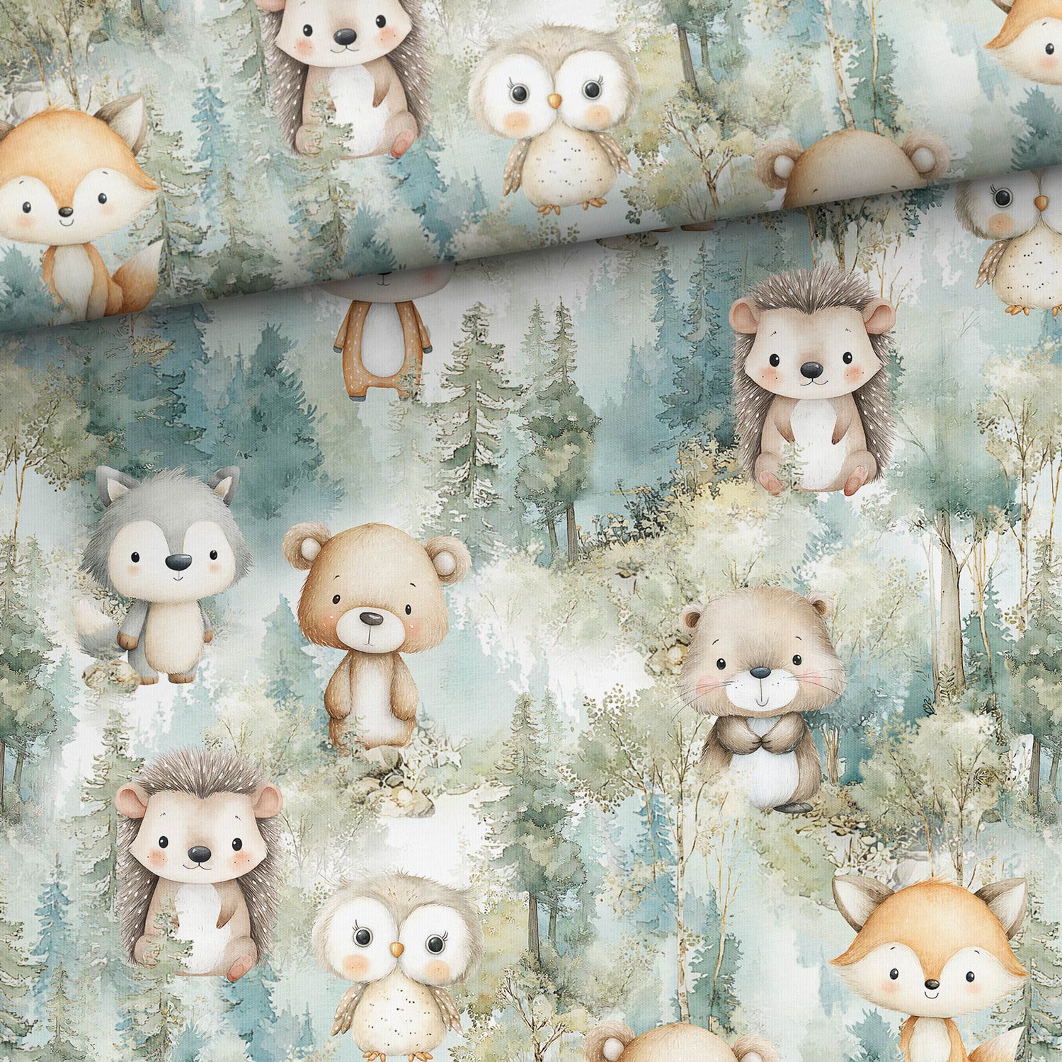 Image of cotton loopback knit - Green Forest Friends 250 g/m² | Design - 17 – available at Šarlotes audumi