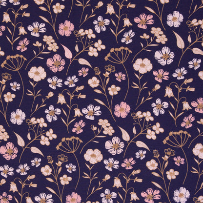 Cotton loopback knit - floral motif on dark blue 265 g/m²