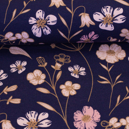 Cotton loop knit - floral pattern on dark blue 265 g/m²