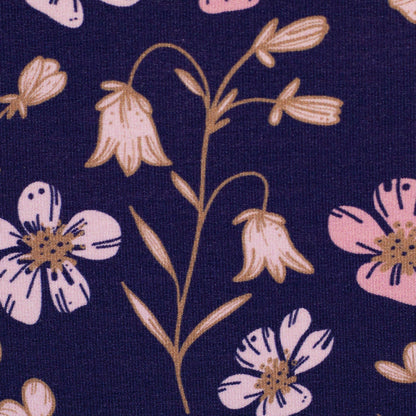 Cotton loopback knit - floral motif on dark blue 265 g/m²