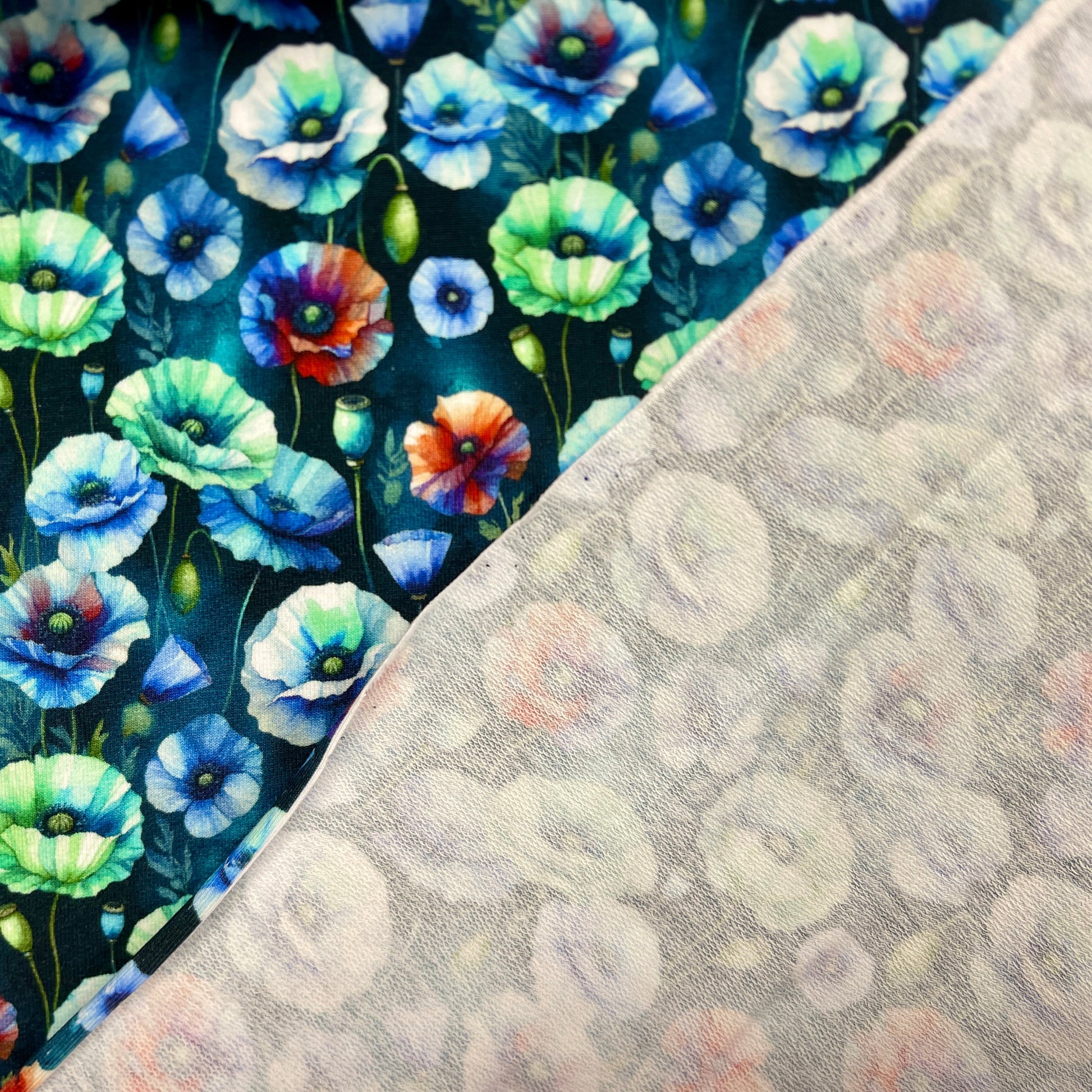 Cotton loopback knit - blue poppies 260 g/m²