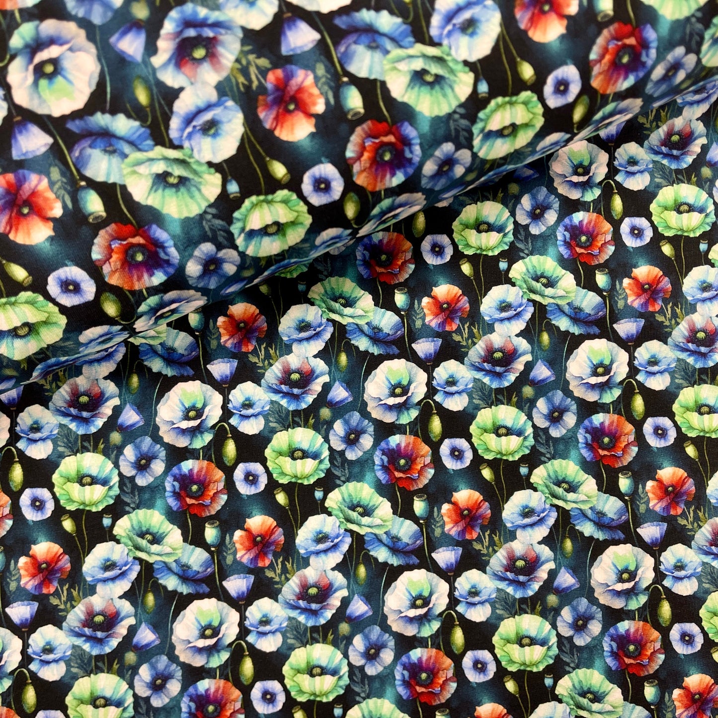 Cotton loop knit - blue poppies 260 g/m²