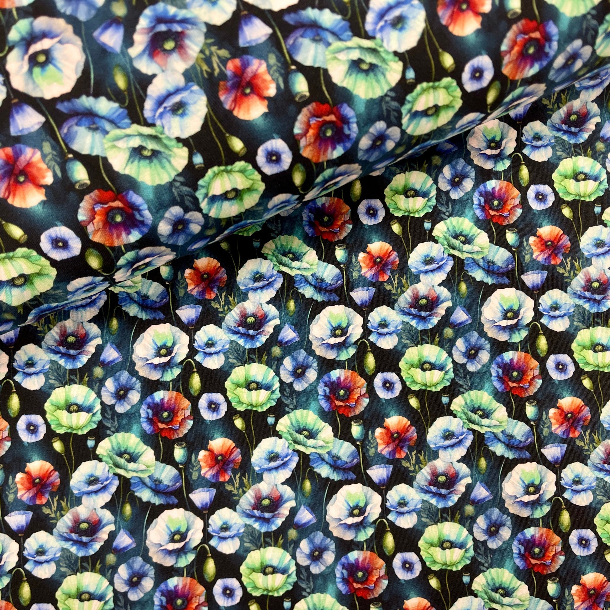 Cotton loop knit - blue poppies 260 g/m²