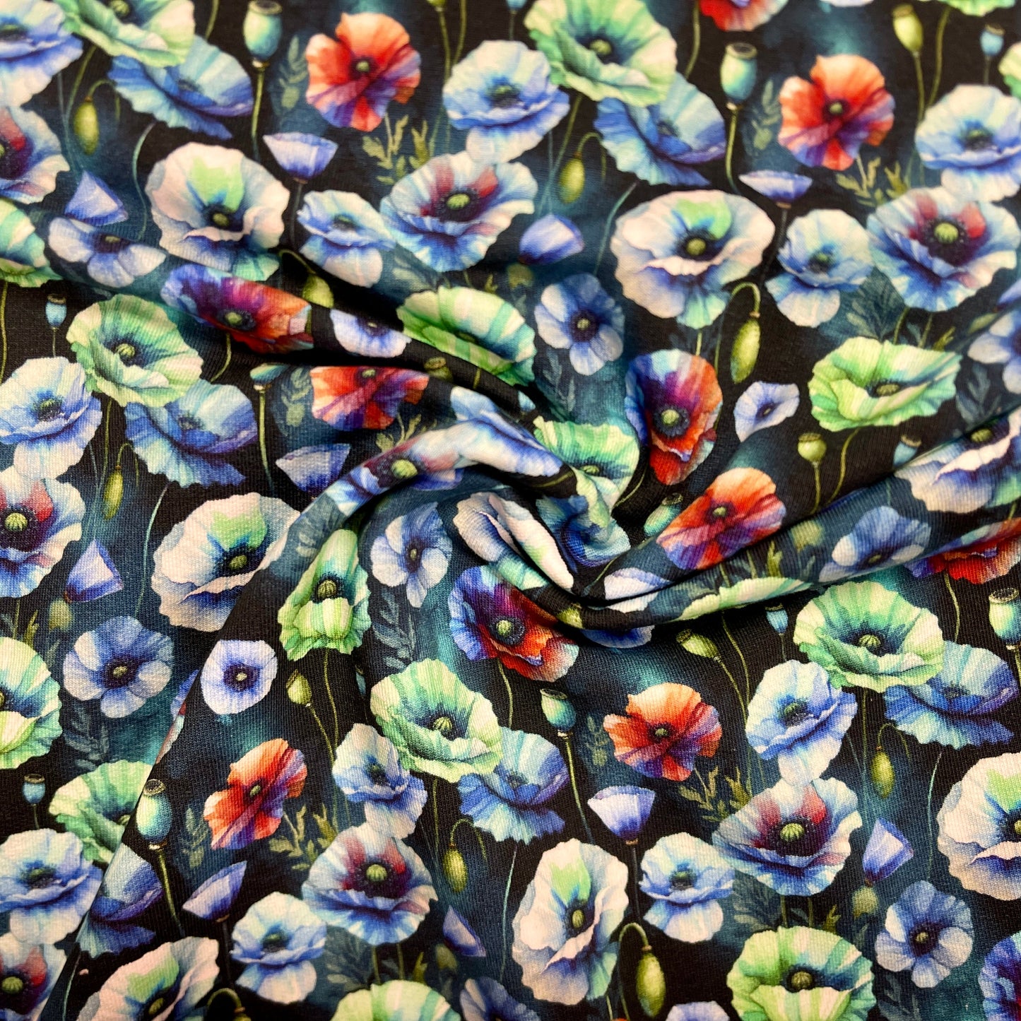 Cotton loop knit - blue poppies 260 g/m²