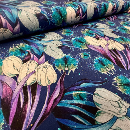 Baumwoll-Frottee mit blauem Tulpenmotiv 250 g/m²