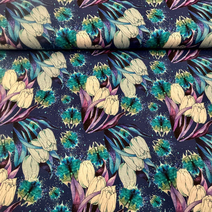 Baumwoll-Schlingenstrick mit blauem Tulpenmotiv 250 g/m²