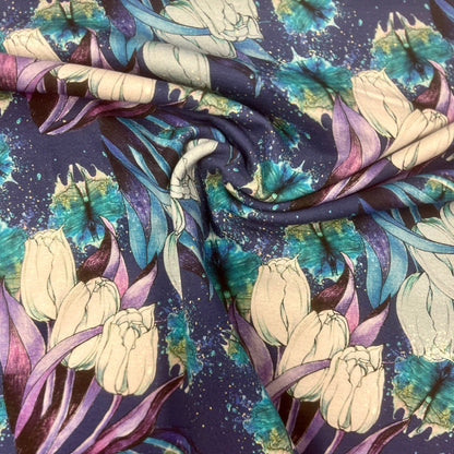 Baumwoll-Loopstrick mit blauem Tulpenmotiv 250 g/m²