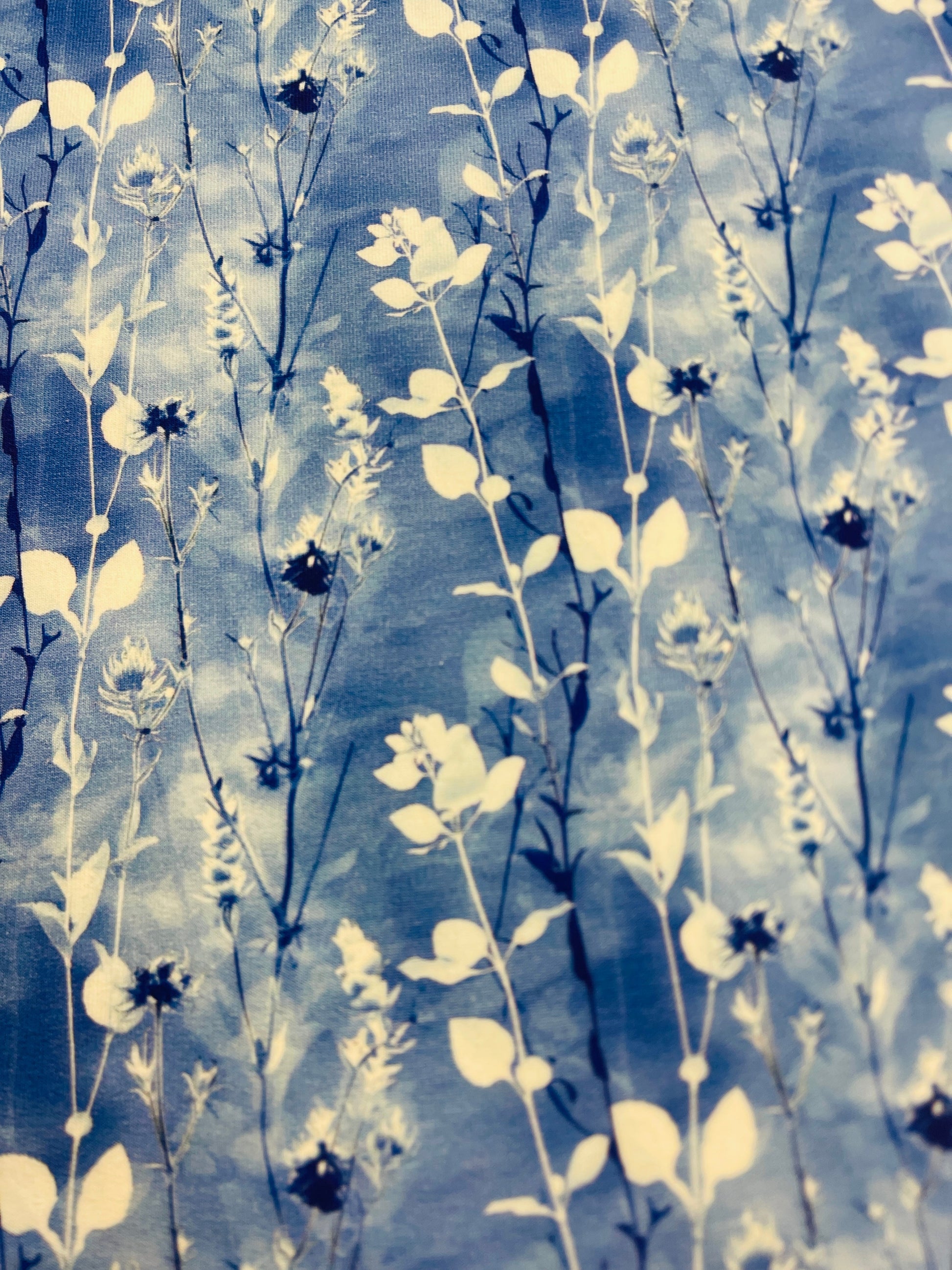 Image of cotton loopback knit fabric - blue and white leaf pattern 245 g/m² – available at Šarlotes audumi
