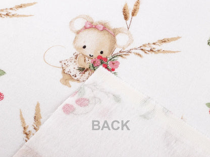 Cotton flannel with little mice and wild strawberries – 100% cotton – available online at Šarlotes audumi