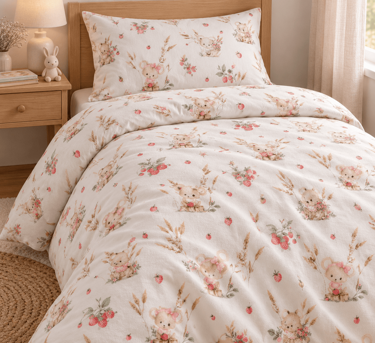 Cotton flannel with little mice and wild strawberries – 100% cotton – available online at Šarlotes audumi