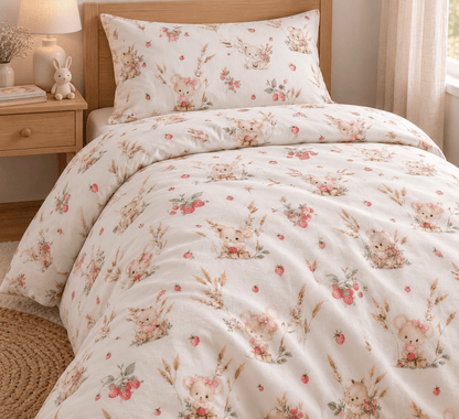 Cotton flannel with little mice and wild strawberries – 100% cotton – available online at Šarlotes audumi