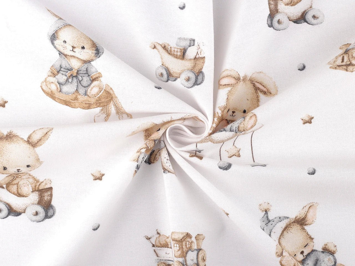 Image of cotton flannel with rabbits in grey accents – 100% cotton – available online at Šarlotes audumi