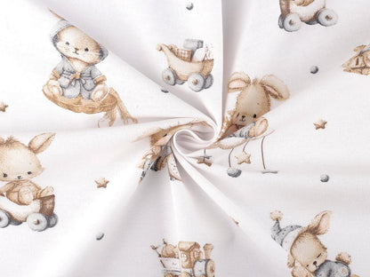 Image of cotton flannel with rabbits in grey accents – 100% cotton – available online at Šarlotes audumi