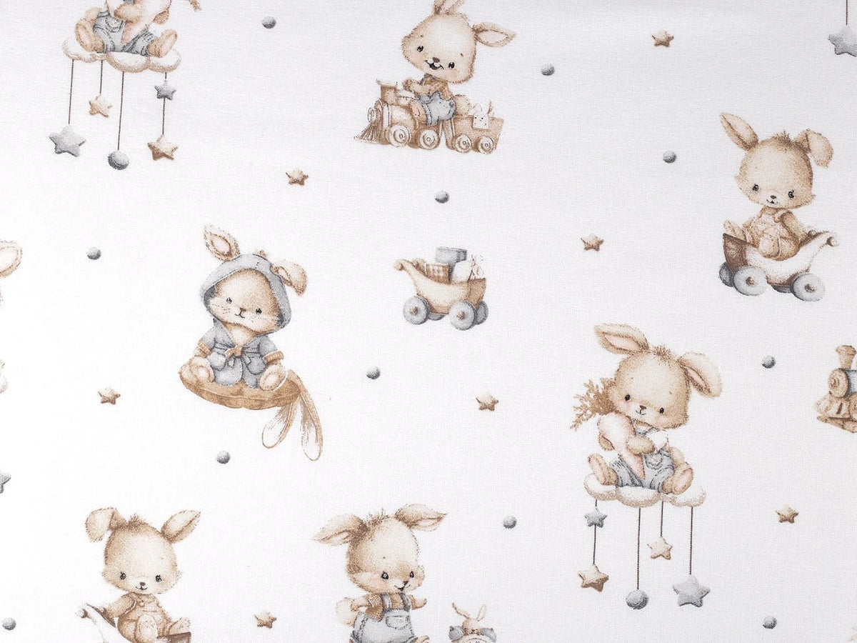 Image of cotton flannel with rabbits in grey accents – 100% cotton – available online at Šarlotes audumi