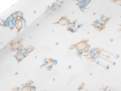 Image of cotton flannel with rabbits in blue accents – available online at Šarlotes audumi