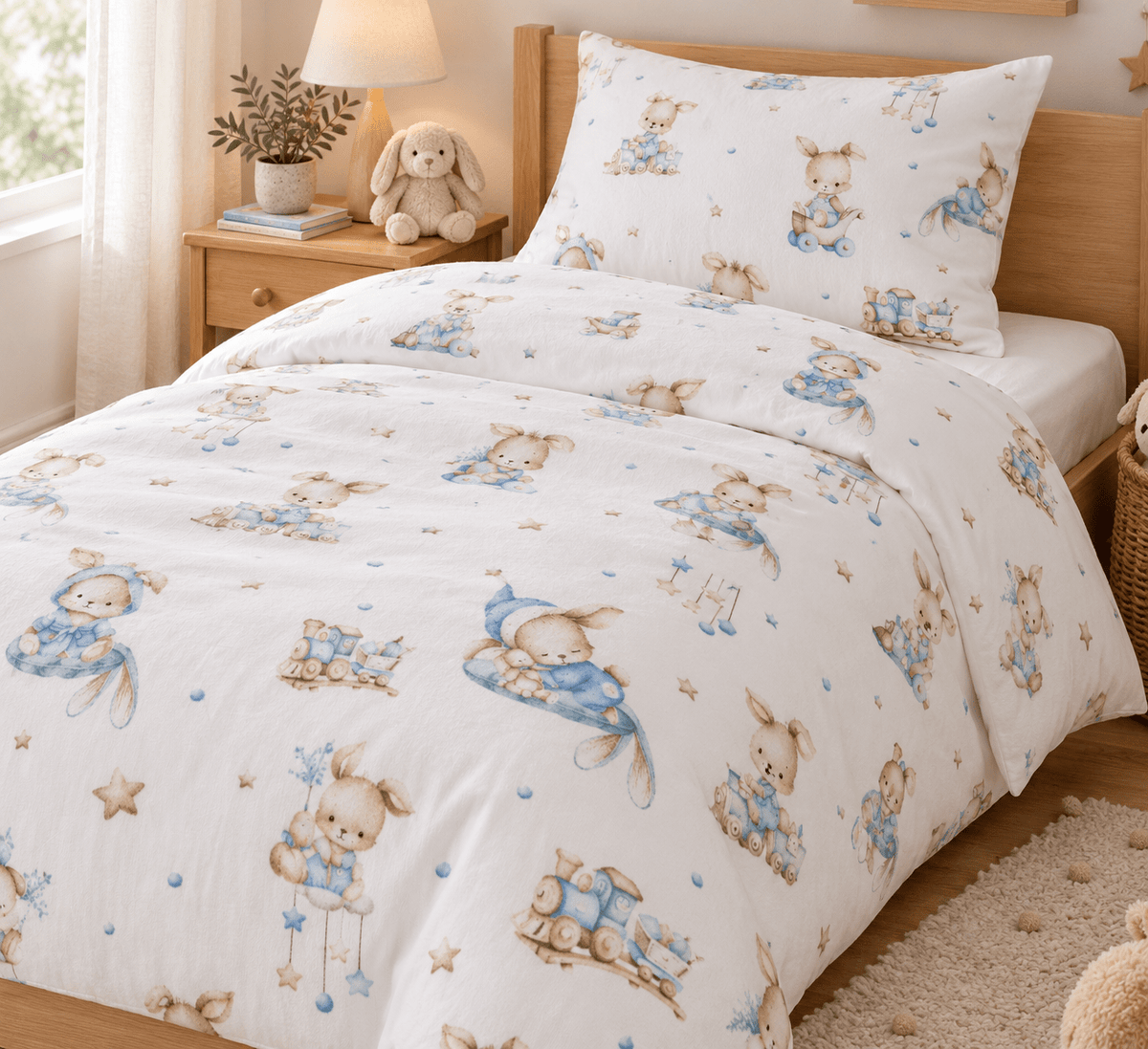 Image of cotton flannel with rabbits in blue accents – available online at Šarlotes audumi