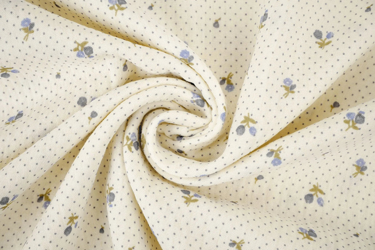 Cotton muslin with tiny flowers and dots - available online at Charlotte Fabrics