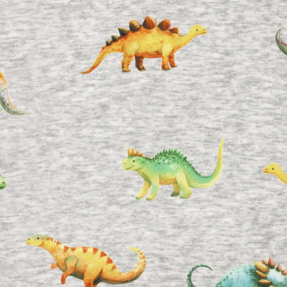 Image of cotton-lined knit fabric | Alpen fleece dinosaurs on grey – available online at Šarlotes audumi